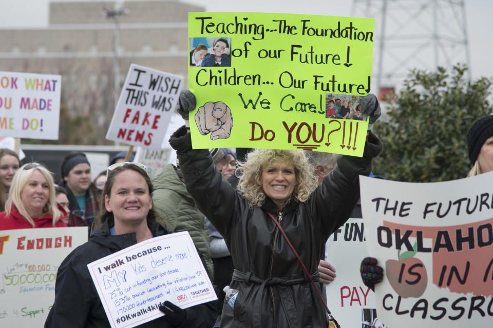 <p>Oklahoma teachers rally at the state Capitol on April 2, 2018, in Oklahoma City. (Photo: J Pat Carter/Getty Images) </p>