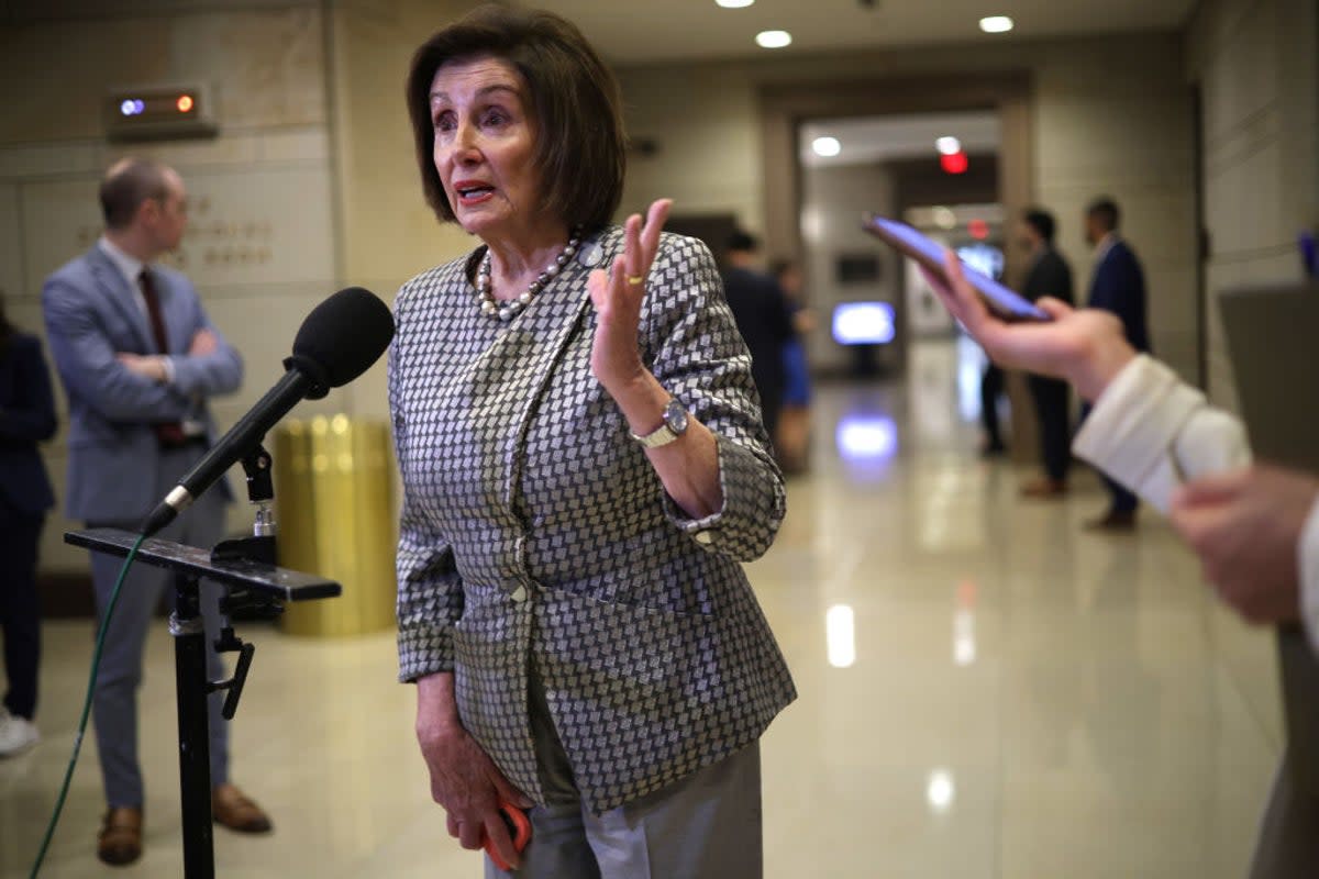 Nancy Pelosi speaks to reporters on Capitol Hill in March, 2024. She has called on Netanyahu to resign on Wednesday (Getty Images)