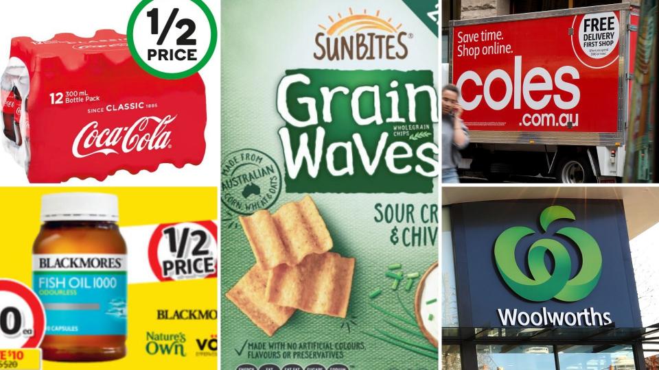 Soft drink, vitamins and chips on sale for half-price at Coles and Woolworths this week.