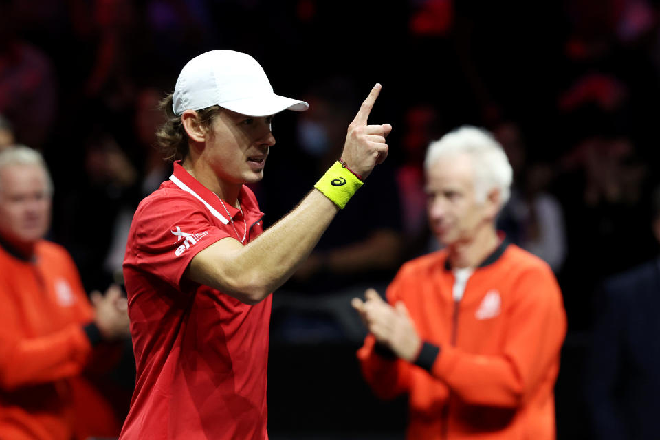 Alex de Minaur, pictured here after his victory over Andy Murray at the Laver Cup.