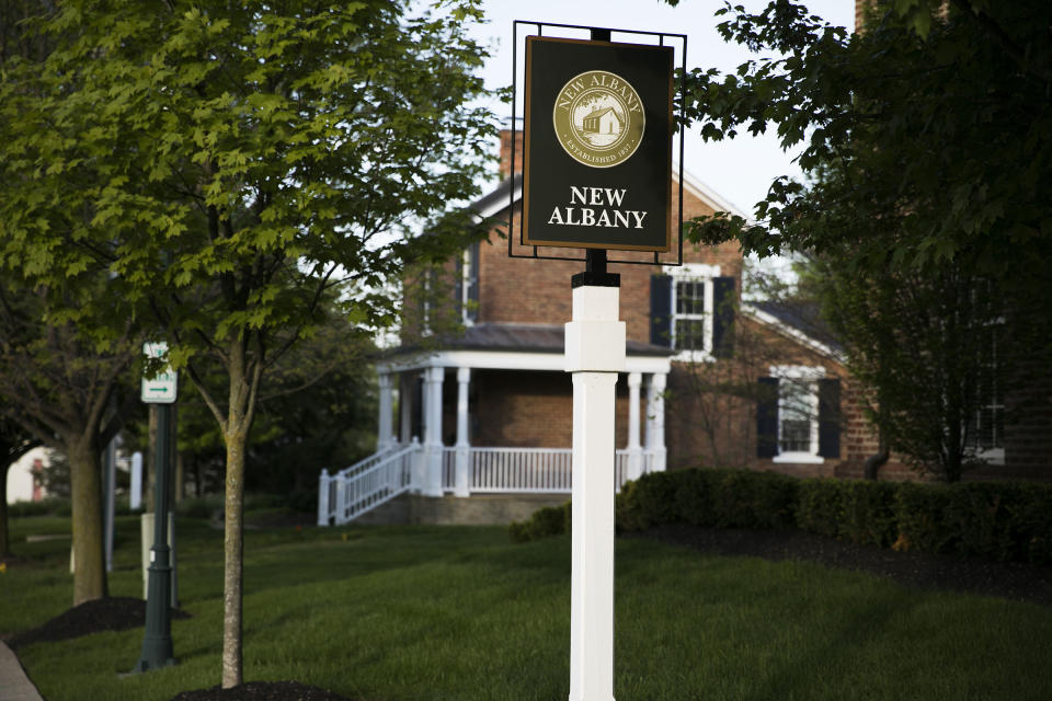 A town sign is displayed in New Albany, Ohio, U.S., on Monday, May 6, 2019.<span class="copyright">Maddie McGarvey—Bloomberg/Getty Images</span>