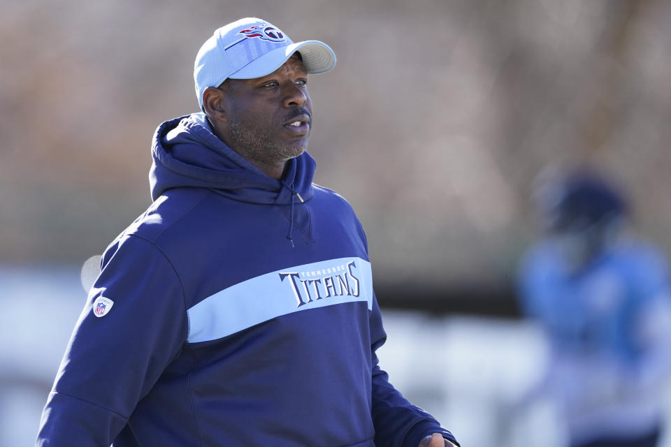 Tennessee Titans tight ends coach Tony Dews walks across the field during an NFL football practice Thursday, Dec. 7, 2023, in Nashville, Tenn. (AP Photo/George Walker IV)