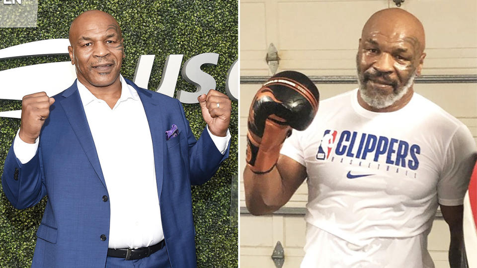 Mike Tyson in August 2018 (pictured left) and after a workout (pictured right) in May 2020. (Getty Images/@kingsmma_hb)