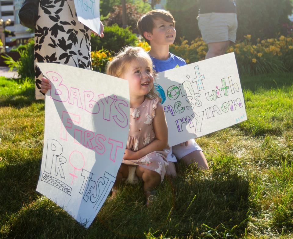 Cecelia Wargo, 2, and Mac Rodriguez, 7, during a rally opposing the Supreme Court decision overturning Roe V Wade Friday, June 24, 2022 at the Jon R Hunt Plaza in downtown South Bend.