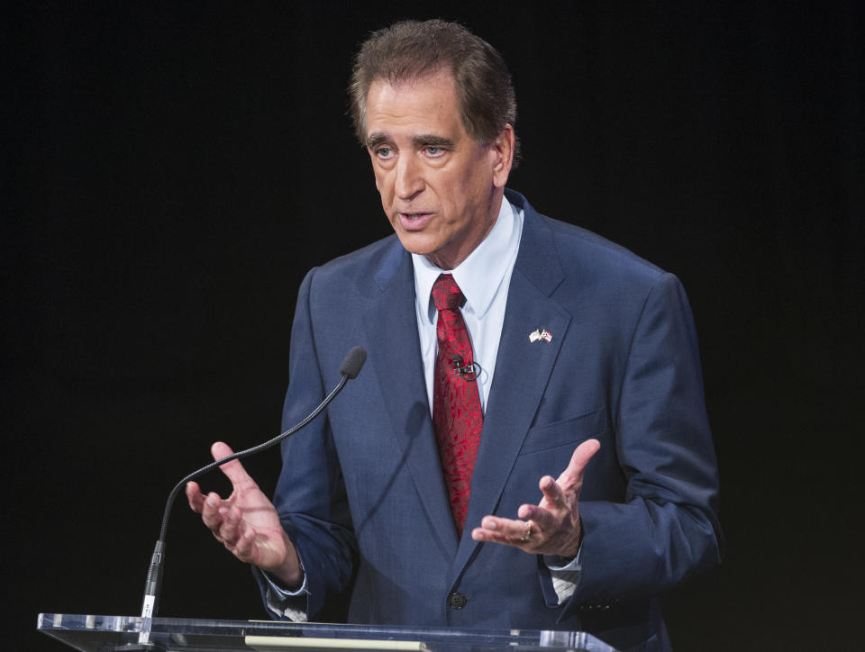 Rep. Jim Renacci, R-Ohio speaks during a debate at the Idea Center in Playhouse Square, Sunday, Oct. 14, 2018, in Cleveland. (AP Photo/Phil Long, Pool)