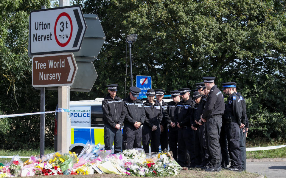 File photo dated 20/08/19 of police officers gathering to pay their respects at the scene in Sulhamstead, Berkshire, where Thames Valley Police officer Pc Andrew Harper died. Driver Henry Long, 19, has been found not guilty at the Old Bailey of murder, but had ealier pleaded guilty to manslaughter. His passengers Jessie Cole and Albert Bowers, both 18, were cleared of murder but found guilty of manslaughter for the death of Pc Andrew Harper, who had been attempting to apprehend quad bike thieves when he was killed on the night of August 15, 2019.