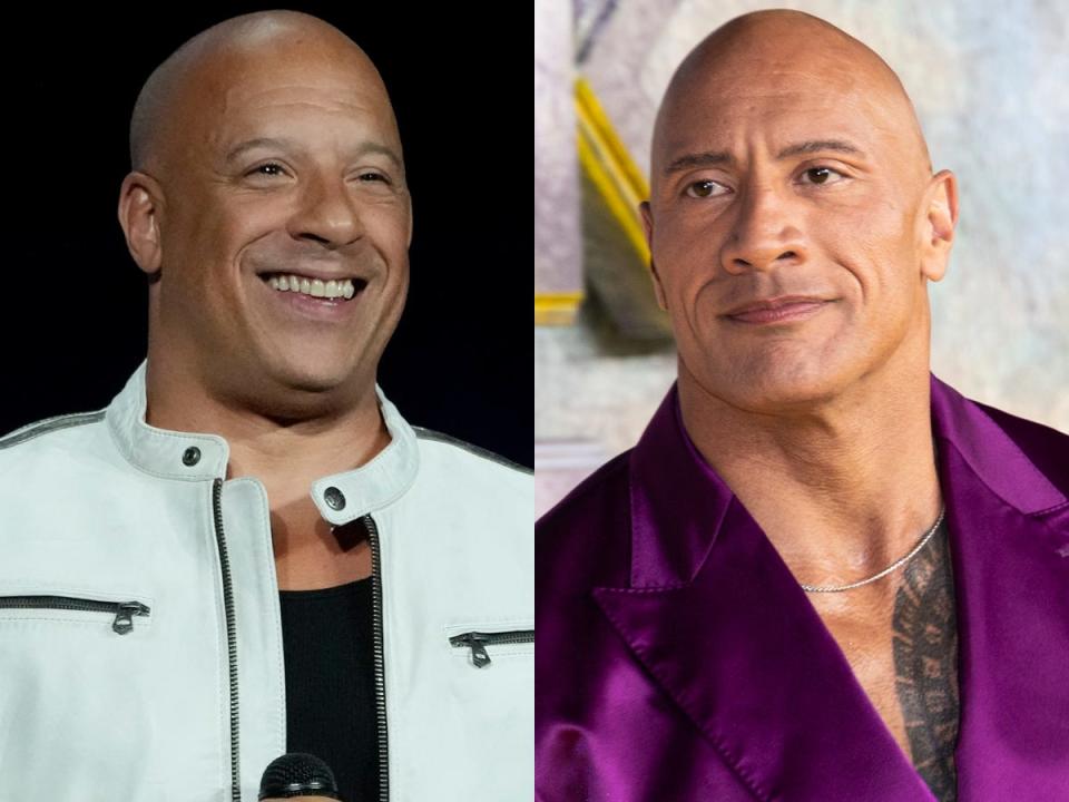 On the left: Vin Diesel in April 2023. On the right: Dwayne Johnson in October 2022.