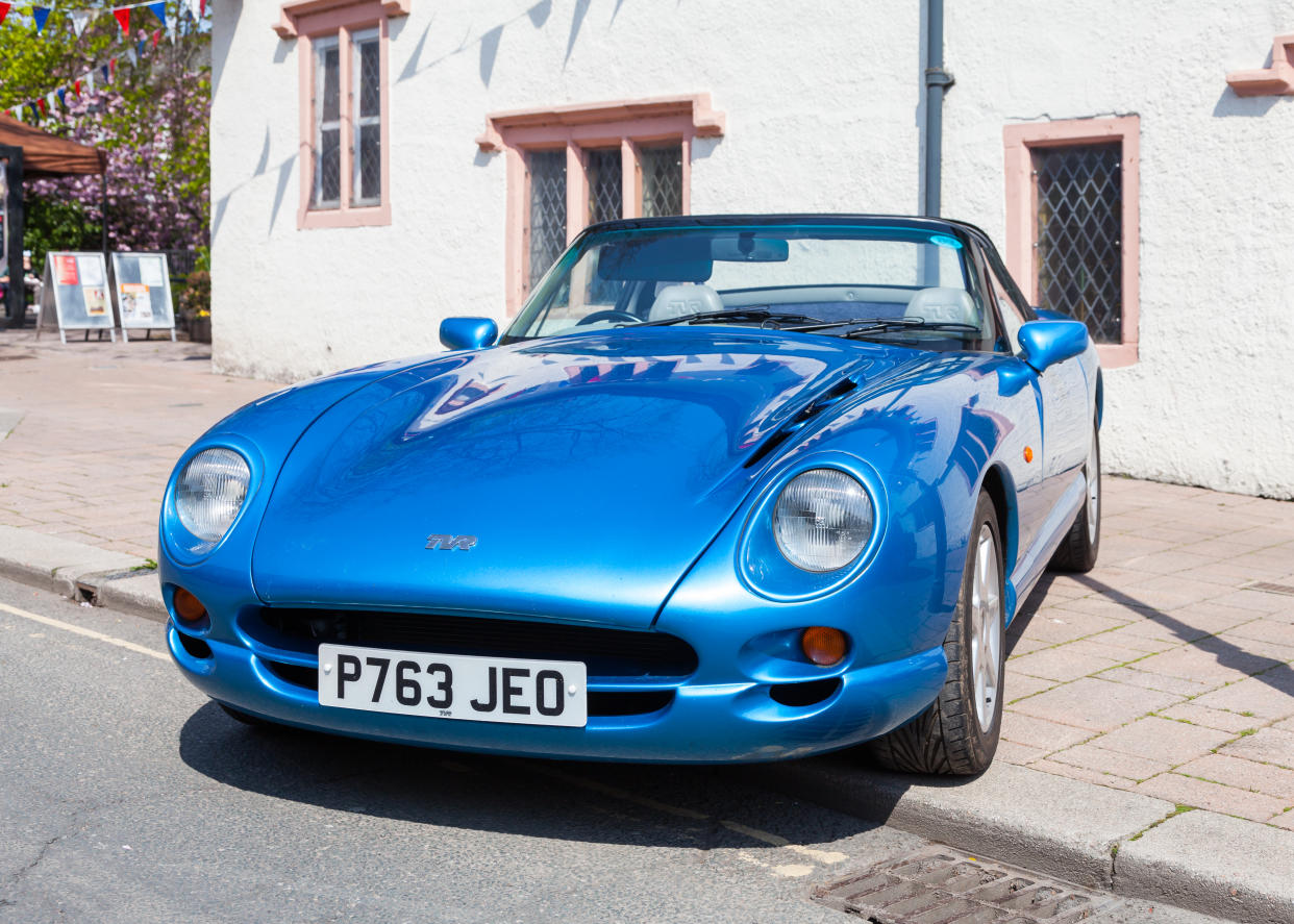 Penrith, England - May 1, 2017:  An historic TVR Chimaera convertable sports car awaits the annual May Day parade through Penrith town centre in Cumbria, England.