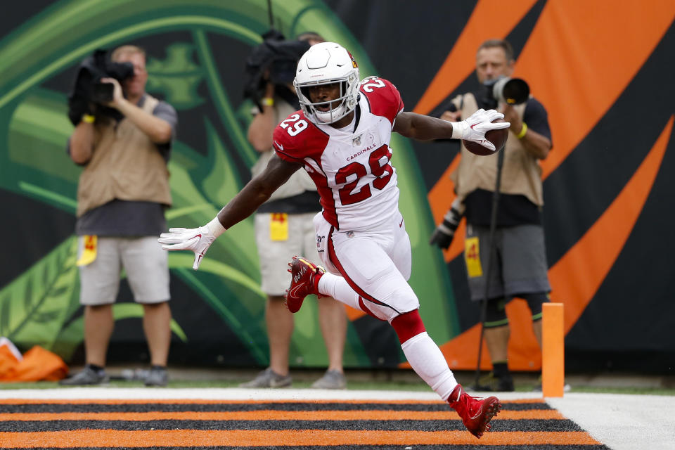 Arizona Cardinals running back Chase Edmonds scores a touchdown in the second half of an NFL football game against the Cincinnati Bengals, Sunday, Oct. 6, 2019, in Cincinnati. (AP Photo/Gary Landers)