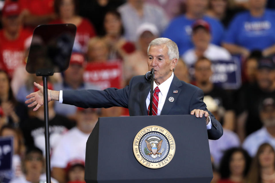 Louisiana Republican gubernatorial candidate Eddie Rispone speaks at President Donald Trump's campaign rally in Lake Charles, La., Friday, Oct. 11, 2019. Trump introduced both Rispone and Republican gubernatorial candidate Ralph Abraham on the eve of the Louisiana election, urging the crowd to vote for either to unseat incumbent Democrat Gov. John Bel Edwards. (AP Photo/Gerald Herbert)