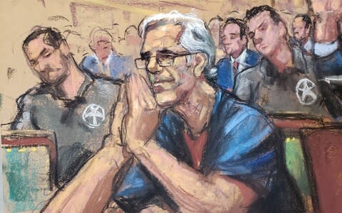 Court sketch of Jeffrey Epstein during a a bail hearing in his sex trafficking case - Credit: REUTERS/Jane Rosenberg