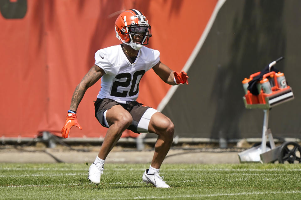 Cleveland Browns cornerback Greg Newsome II runs a drill during an NFL football rookie minicamp at the team's training camp facility, Friday, May 14, 2021, in Berea, Ohio. (AP Photo/Tony Dejak)