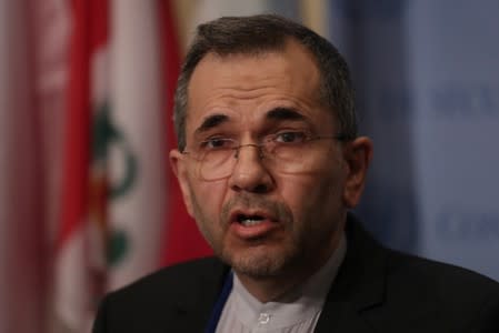 Iranian Ambassador to the United Nations Majid Takht-Ravanchi speaks to the media outside Security Council chambers at the U.N. headquarters in New York