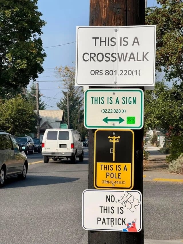 a pole has mulitple signs reading, this is a crosswalk, this is a sign, this is a pole, no this is patrick