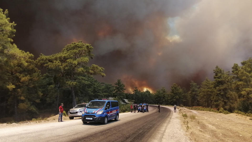 Paramilitary police officers and people watch as a wildfire fanned by strong winds rage near the Mediterranean coastal town of Manavgat, Antalya, Turkey, Wednesday, July 28, 2021. Authorities evacuated homes in Manavgat as a wildfire raged Wednesday through a forest. Gendarmerie forces helped move residents out of four neighborhoods in the town out of the fire's path as firefighters worked to control the blaze, the Manavgat district governor Mustafa Yigit told the state-run Anadolu Agency. (Arif Kaplan/IHA via AP)