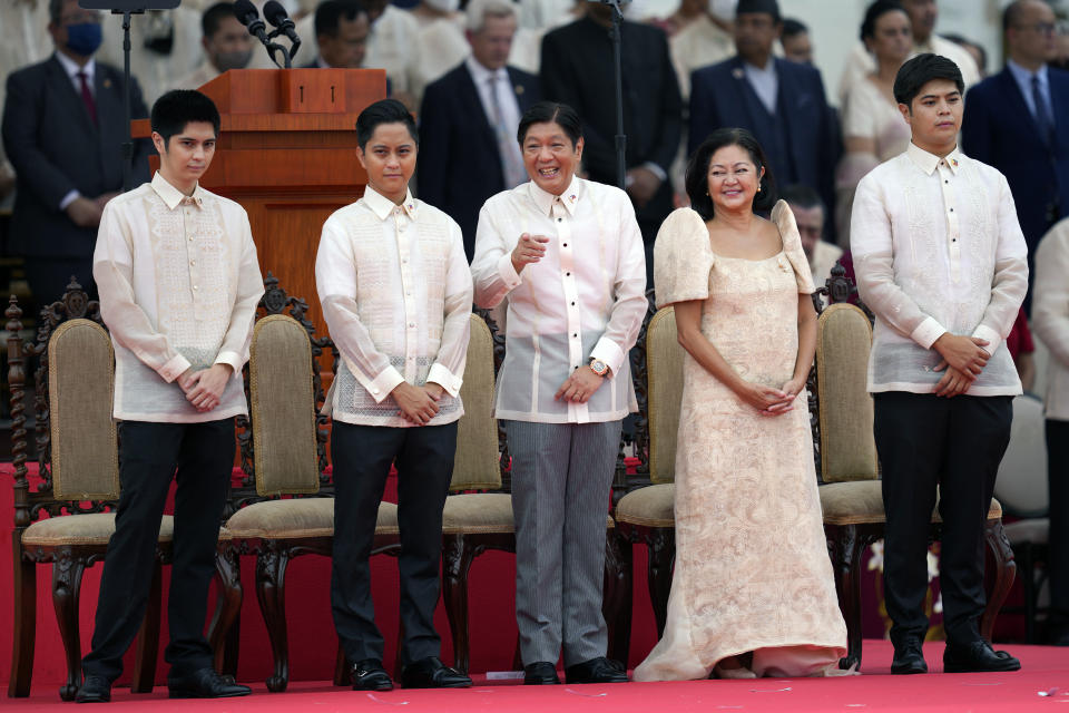 President-elect Ferdinand "Bongbong" Marcos Jr. and his family attend the inauguration ceremony at National Museum on Thursday, June 30, 2022 in Manila, Philippines. Marcos was sworn in as the country's 17th president. (AP Photo/Aaron Favila)