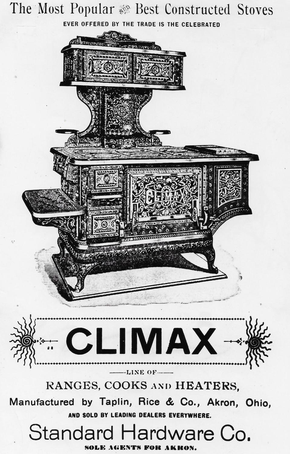 A 19th century advertisement promotes Akron-built Climax Stoves.