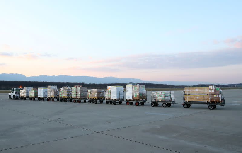 The International Committee of Red Cross (ICRC) sends cargo to Ukraine, during the coronavirus disease (COVID-19) outbreak, at Cointrin Airport in Geneva