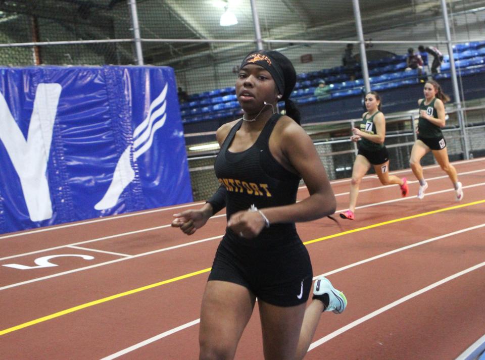 Jayla Johnson of Montfort Academy en route to winning the girls 600 during the Jim Mitchell Invitational at The Armory Dec. 9 2023.