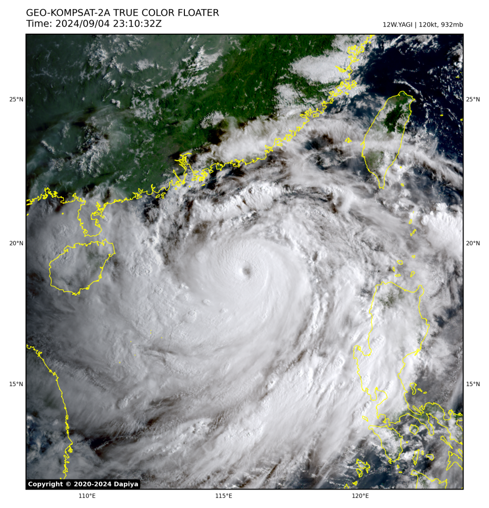 2024 年 9 月 5 日，香港時間上午 7 時 10 分，由韓國氣象廳衛星 GEO-KOMPSAT-2A 衛星攝錄的真彩雲圖。 (dapiya.top)