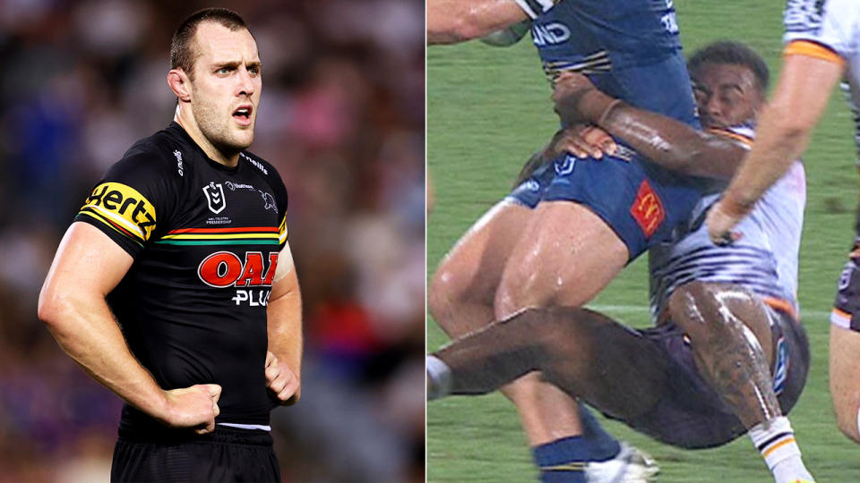 Penrith star Isaah Yeo during a game and Broncos five-eighth Ezra Mam making a tackle.