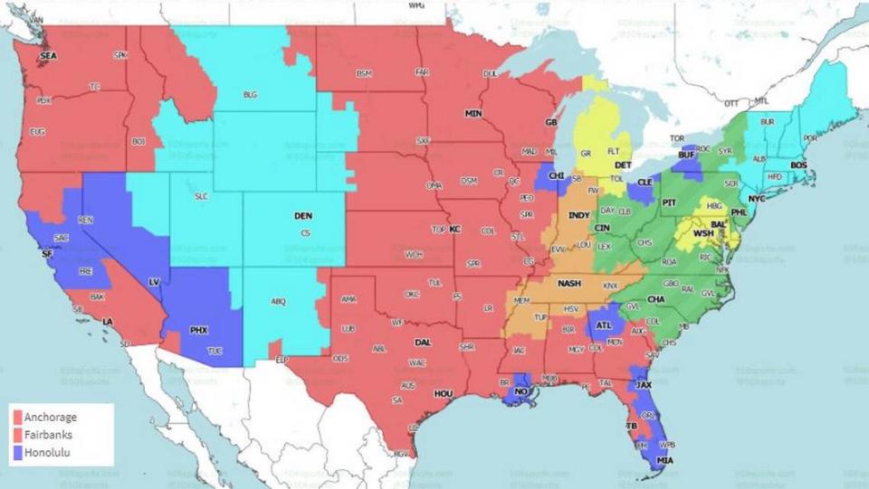 The Chiefs-Chargers game is in red. Bengals-Steelers is in dark green. Ravens-Lions is in yellow. Colts-Titans is in orange. Areas in blue and teal won’t get the Chiefs game. They will be shown only late games. Dolphins-Raiders is in blue. Jets-Broncos is in teal.