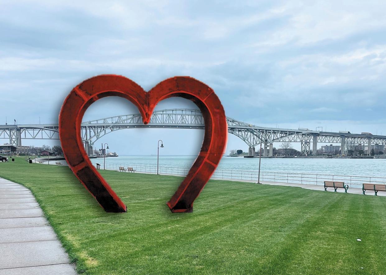 Port Huron's Downtown Development Authority, which oversees the district along the Thomas Edison Boulevard boardwalk, OK'd a donated heart-shaped art piece to be installed in view of the Blue Water Bridge. The city provided a rendering of what it may look like.