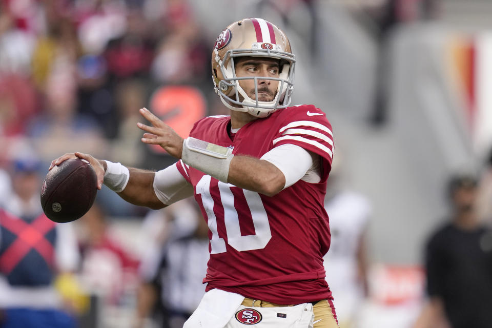 FILE - San Francisco 49ers quarterback Jimmy Garoppolo (10) passes against the New Orleans Saints during the second half of an NFL football game on Nov. 27, 2022, in Santa Clara, Calif. Garoppolo has agreed to a three-year, $67.5 million contract with the Las Vegas Raiders, according to a person with knowledge of the deal. The person spoke on condition of anonymity because the deal can’t be announced until Wednesday, March 15, 2023. (AP Photo/Godofredo A. Vásquez, File)