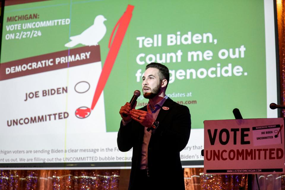 Dearborn Mayor Abdullah Hammoud criticized the "Death to America" chants heard at a rally in Dearborn on April 5, 2024.  He's pictured here speaking during Listen to Michigan's election night gathering at Adonis in Dearborn on Tuesday, Feb. 27, 2024.