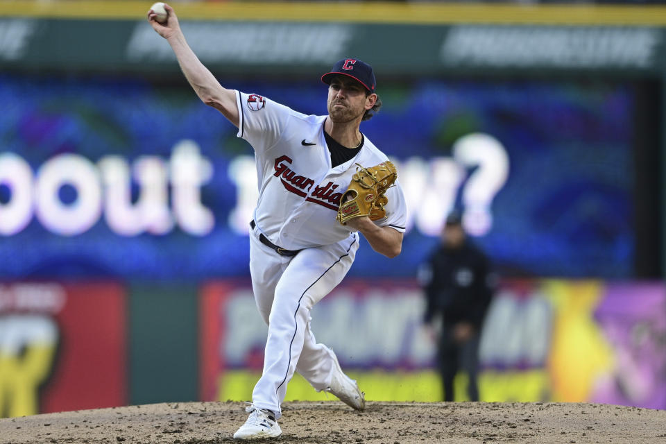 Cleveland Guardians starting pitcher Shane Bieber delivers during the fourth inning of the team's baseball game against the St. Louis Cardinals, Friday, May 26, 2023, in Cleveland. (AP Photo/David Dermer)