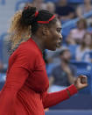 Serena Williams reacts during a match against Daria Gavrilova, of Australia, in the first round at the Western & Southern tennis Open, Monday, Aug. 13, 2018, in Mason, Ohio. (AP Photo/John Minchillo)