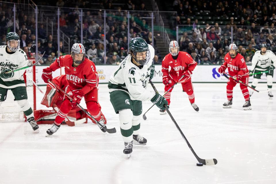 Michigan State senior forward Jeremy Davidson controls the puck during a game against Ohio State on February 23, 2024, at Munn Ice Arena. Ohio State would go on to win, 6-2