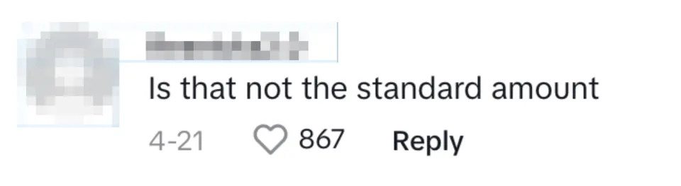 Comment on social media from user stating, "Is that not the standard amount," with 867 likes