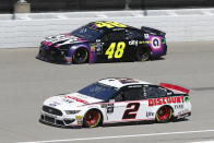 Brad Keselowski (2) and Jimmie Johnson (48) practice for a NASCAR Cup Series auto race at Michigan International Speedway in Brooklyn, Mich., Saturday, Aug. 10, 2019. (AP Photo/Paul Sancya)