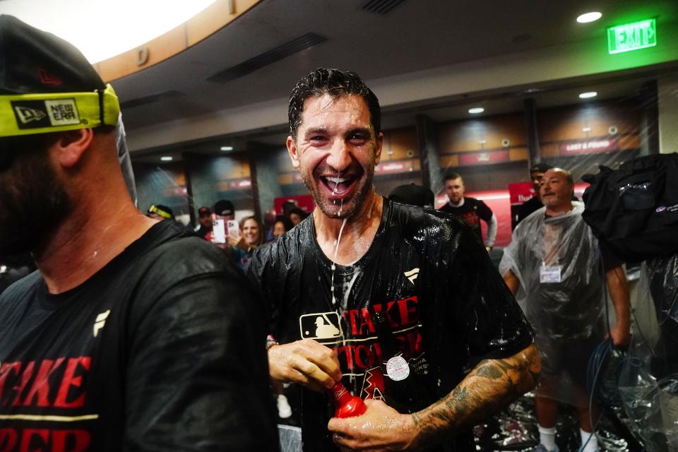 Arizona Diamondbacks general manager Mike Hazen during celebrations after clinching a wild-card playoff spot following their game with the Houston Astros at Chase Field in Phoenix on Sept. 30, 2023.