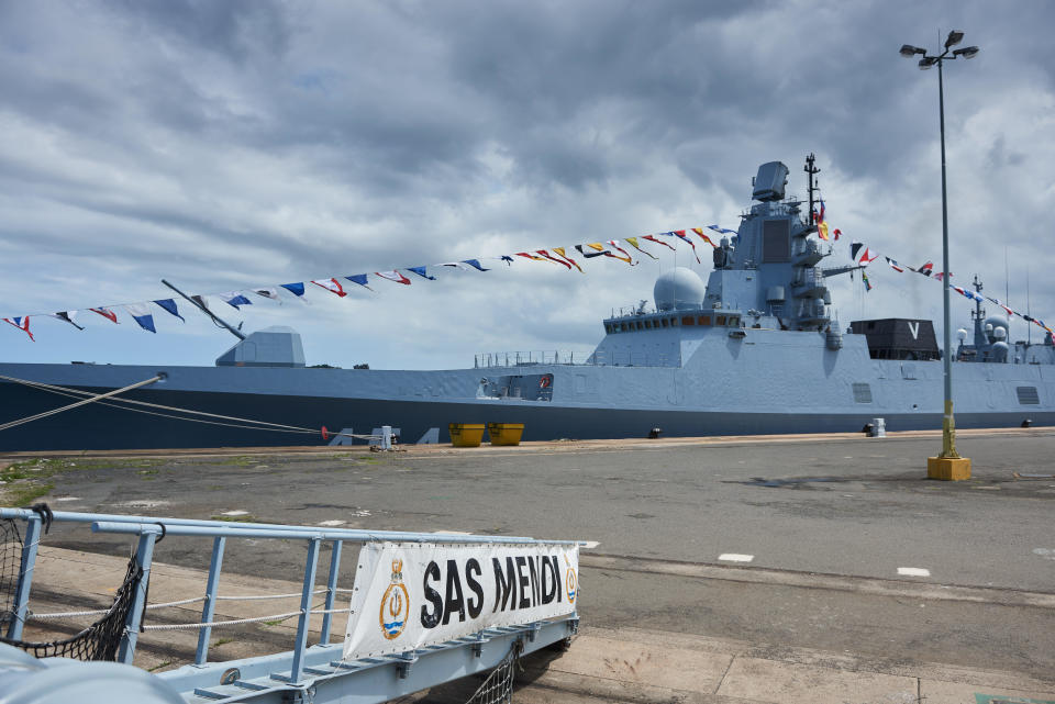 The Russian frigate Admiral Gorshkov is seen ahead of joint naval drills between Russia, South Africa and China, in Richards Bay, South Africa, Feb. 22, 2023. / Credit: Waldo Swiegers/Bloomberg/Getty