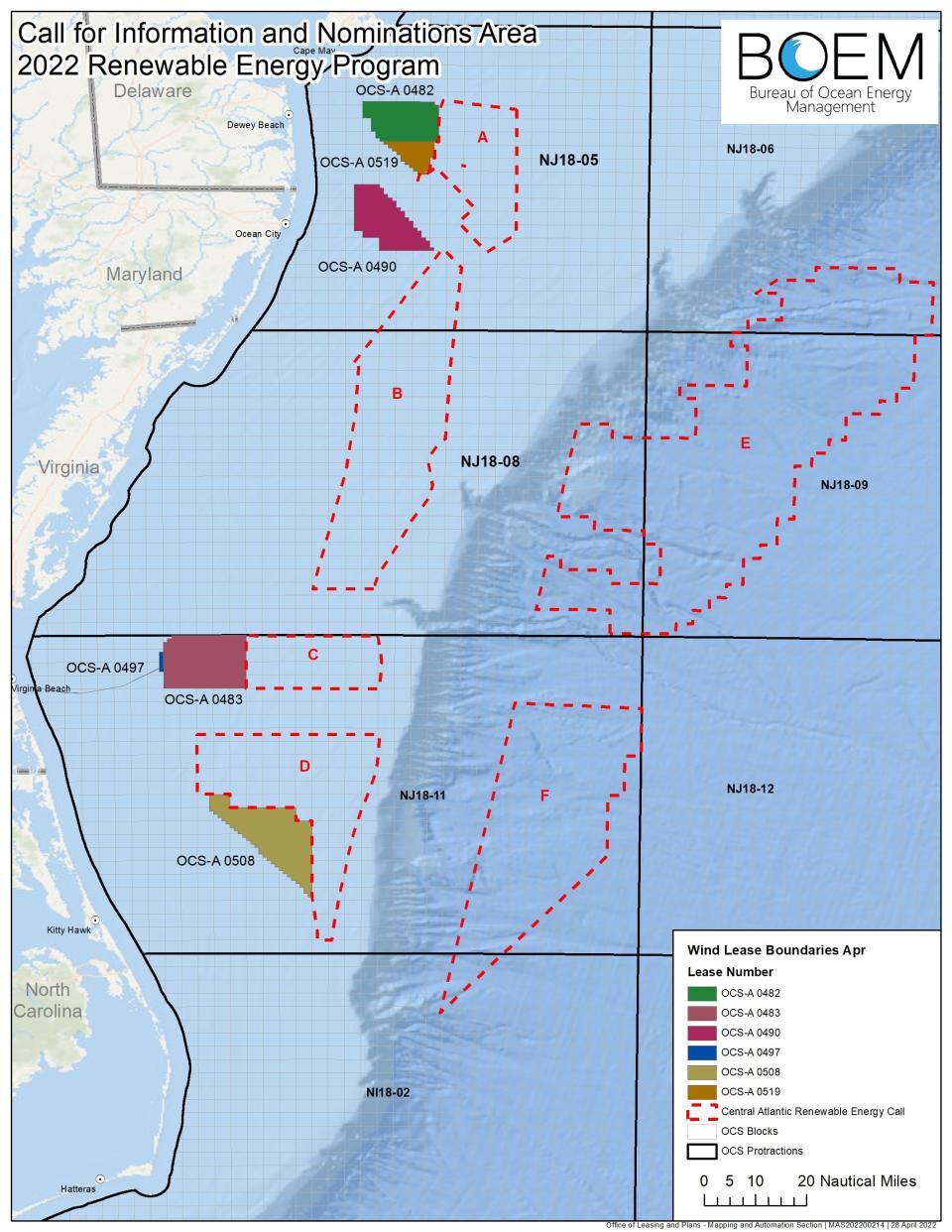 A map of approved and potential offshore wind farm sites off the northern North Carolina, Virginia, Maryland and Delaware coasts. A pair of wind farms also are planned for areas 20 miles off the coast of Southeastern N.C.