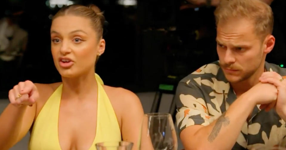 A woman points while a man looks on in a scene from Married At First Sight season nine 2022 promo. Photo: Channel Nine.