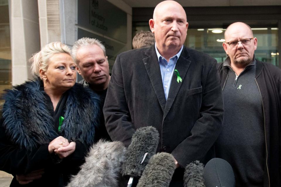 Harry Dunn's mother Charlotte Charles, stepfather Bruce Charles, family spokesman Radd Seiger and father Tim Dunn address the media (PA)
