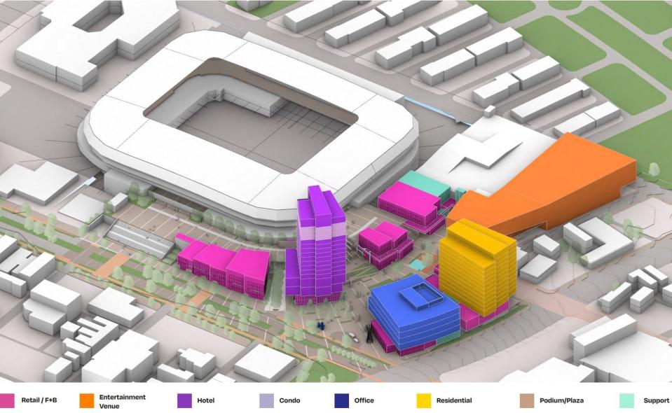 The conceptual master plan for the mixed-use district does not include the design of each individual structure planned for the project. Instead, it serves to determine the overall layout and building uses, according to Chad Munitz, the club's chief development officer. "We can design beautiful buildings and I'm positive we will," he said, "but how people interact with this district is how it will survive and thrive."