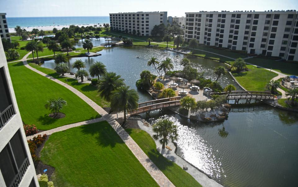 The central lagoon at Gulf & Bay club, seen from  5780 Midnight Pass Road, Unit 710. The condo is on the market with an asking price of $1,025,000.