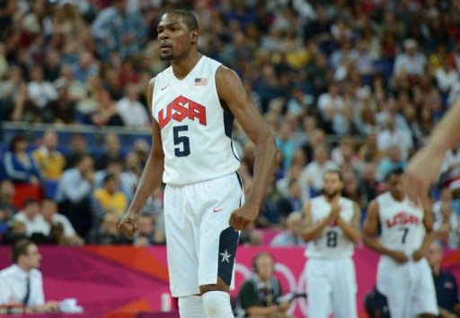 US forward Kevin Durant is pictured during his team's London 2012 Olympic Games men's quarterfinal basketball match against Australia in London on August 8. The defending basketball champions are cautious about the South American squad, a veteran lineup that won Olympic gold in 2004