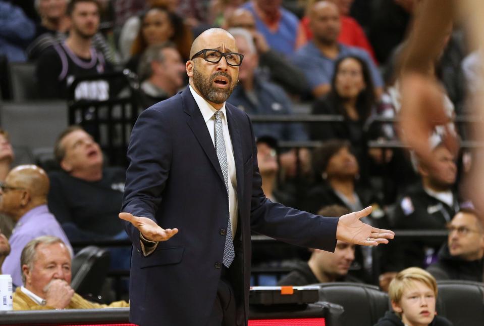 New York Knicks head coach David Fizdale questions a foul call against his team during the second half of an NBA basketball game against the Sacramento Kings, Monday, March 4, 2019, in Sacramento, Calif. The Kings won 115-108. (AP Photo/Rich Pedroncelli)