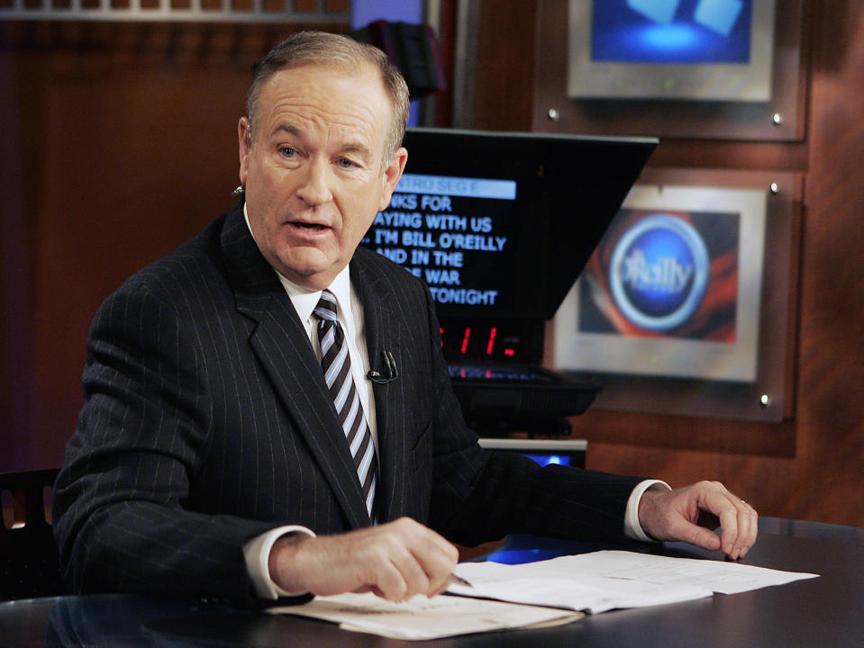 Fox News commentator Bill O’Reilly on his Fox News show, “The O’Reilly Factor,” in New York (AP Photo/Jeff Christensen, File)