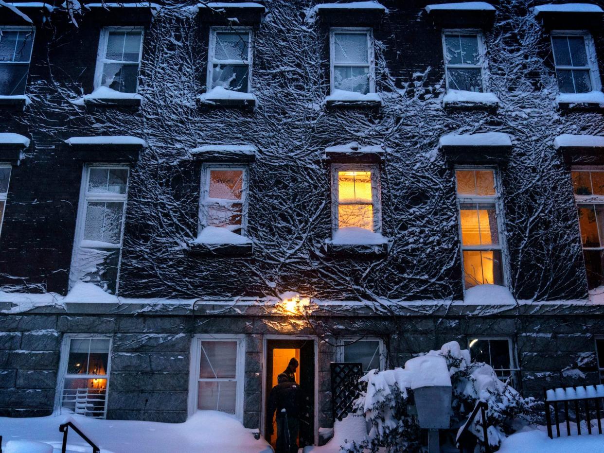 Vines scaling the side of a building are covered in snow in Providence, R.I., Saturday, Jan. 29, 2022.