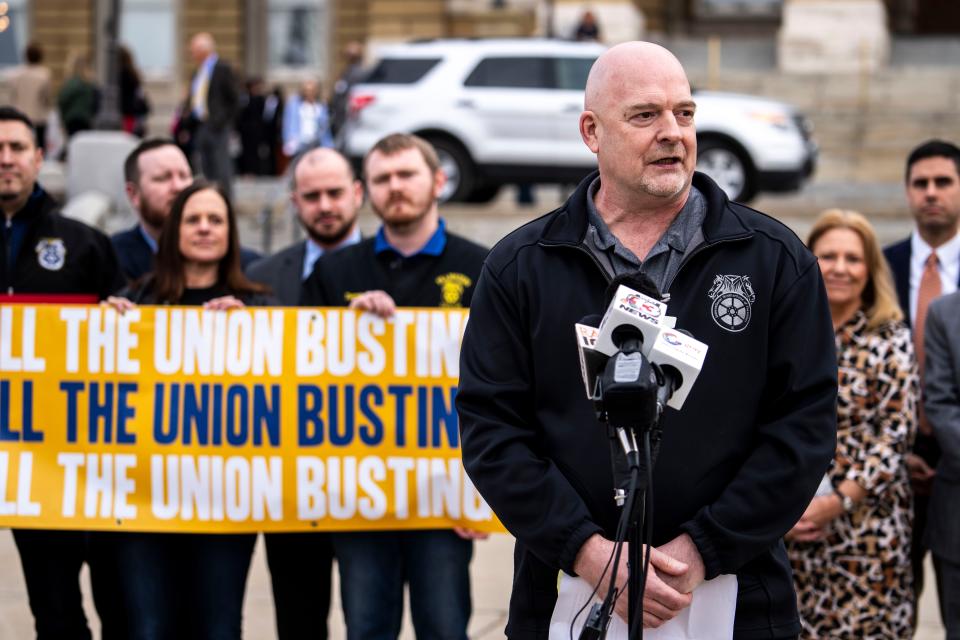 Jesse Case, Secretary-Treasurer of Teamsters Local 238 of Iowa delivers remarks during a Teamsters demonstration at the Iowa State Capitol on Wednesday, Feb. 21, 2024, in Des Moines.