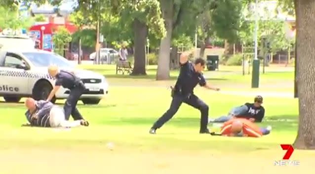 A 7 News crew was on hand when Constable Schwarz hit two homeless men with a baton. A judge ruled it was excessive force. Photo: 7 News