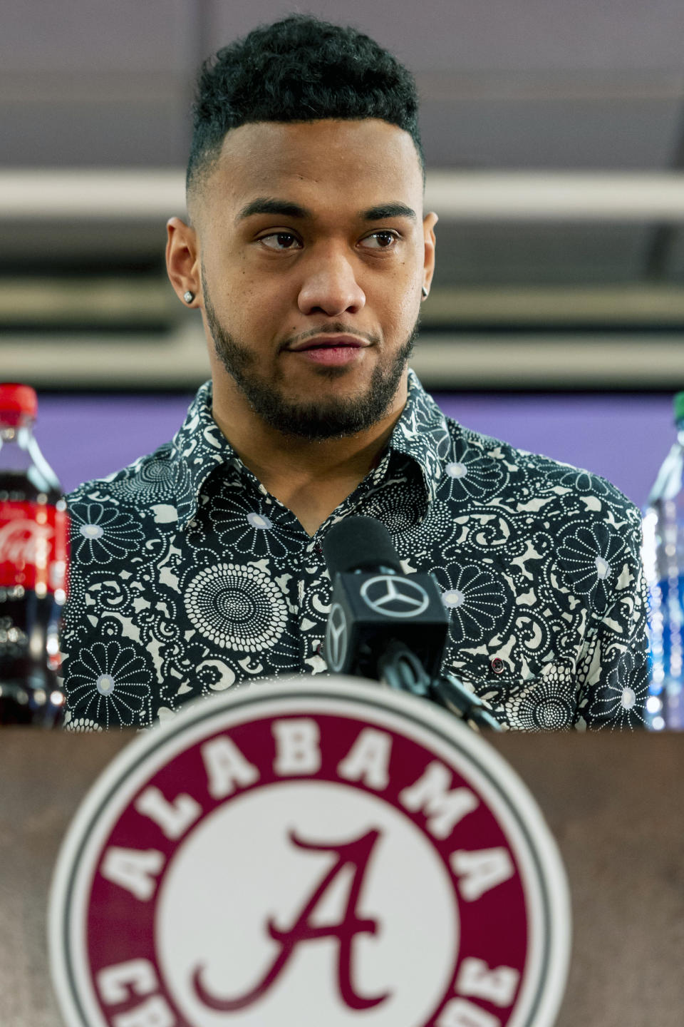 Alabama quarterback Tua Tagovailoa announces his intentions to declare for the 2020 NFL football draft, Monday, Jan. 6, 2020, in Tuscaloosa, Ala. (AP Photo/Vasha Hunt)