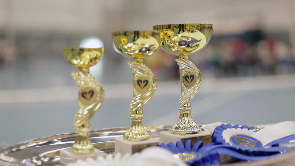Awards stand on a tray ahead of the awarding ceremony of the 8th Hobby Horse championships in Seinajoki, Finland, on Saturday, June 15, 2019. More than 400 hobby horse enthusiasts took part in the show, competing on stylish toy horses in various events inspired by real equestrian events. (AP Photo/from APTN Video)