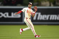 Los Angeles Angels second baseman Kyren Paris can't handle a ball hit by St. Louis Cardinals' Masyn Winn during the sixth inning of a baseball game Tuesday, May 14, 2024, in Anaheim, Calif. Winn was safe at first and Michael Siani was forced out at second on the fielder's choice play. (AP Photo/Mark J. Terrill)